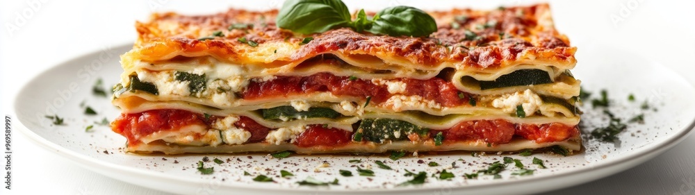 Layered Vegetable Lasagna on White Background, a full-body portrait showcasing vibrant vegetables and rich layers of pasta and cheese, inviting and appetizing presentation. Layered Vegetable Lasagna on White Background, a full-body portrait showcasing vibrant vegetables and rich layers of pasta and cheese, inviting and appetizing presentation.