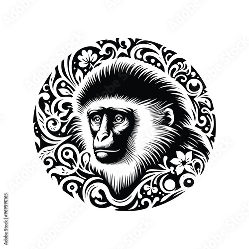 Colobus monkey in folk art black and white silhouette illustration -