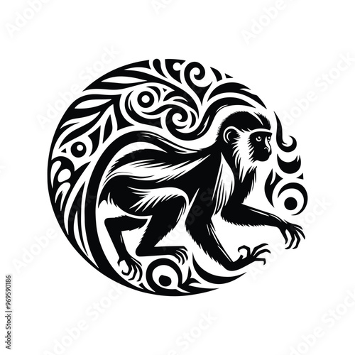 Colobus monkey in folk art black and white silhouette illustration -