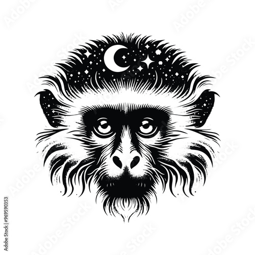 Colobus monkey in bohemian black and white silhouette illustration -