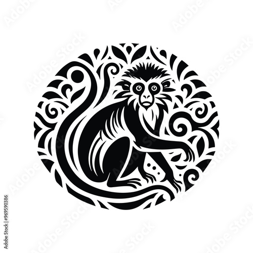 Colobus monkey in folk art black and white silhouette illustration -