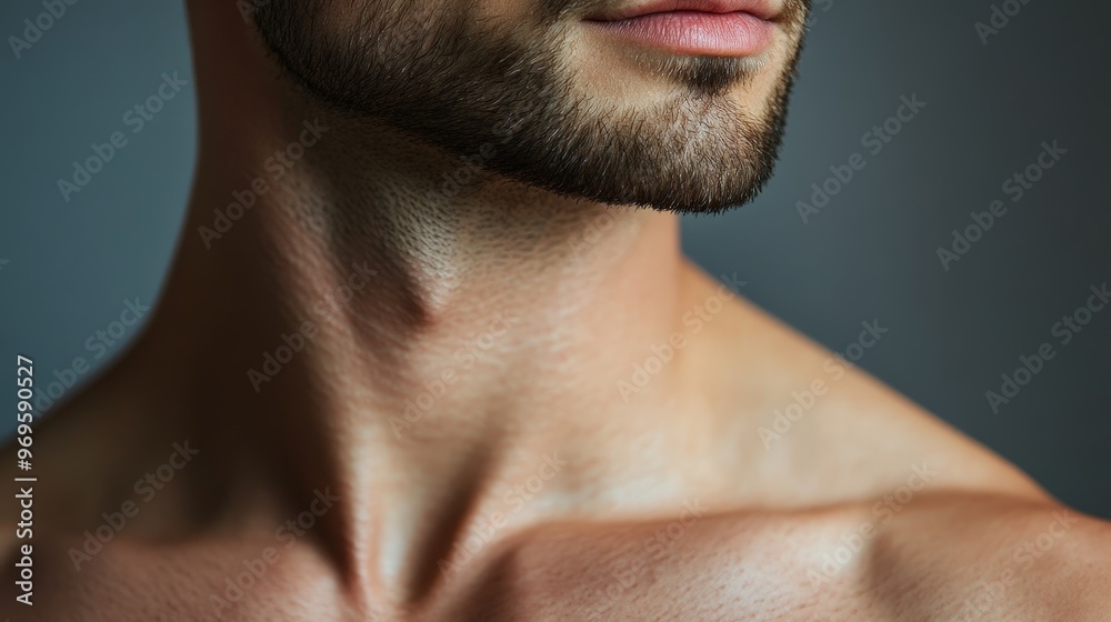Obraz premium A man's chest reveals smooth, freshly treated skin following a laser procedure. The close-up captures the defined muscles and natural contours, highlighting the care involved in skincare