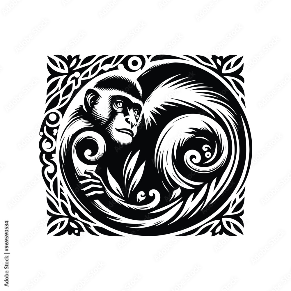 Colobus monkey in folk art black and white silhouette illustration - Colobus monkey in folk art black and white silhouette illustration -