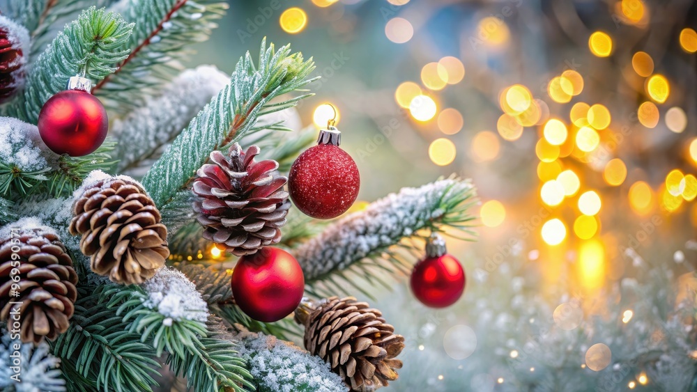 Close-up of pine branches with frosted cones and red baubles, with glowing bokeh lights, pine, branches, frosted, cones, red Close-up of pine branches with frosted cones and red baubles, with glowing bokeh lights, pine, branches, frosted, cones, red