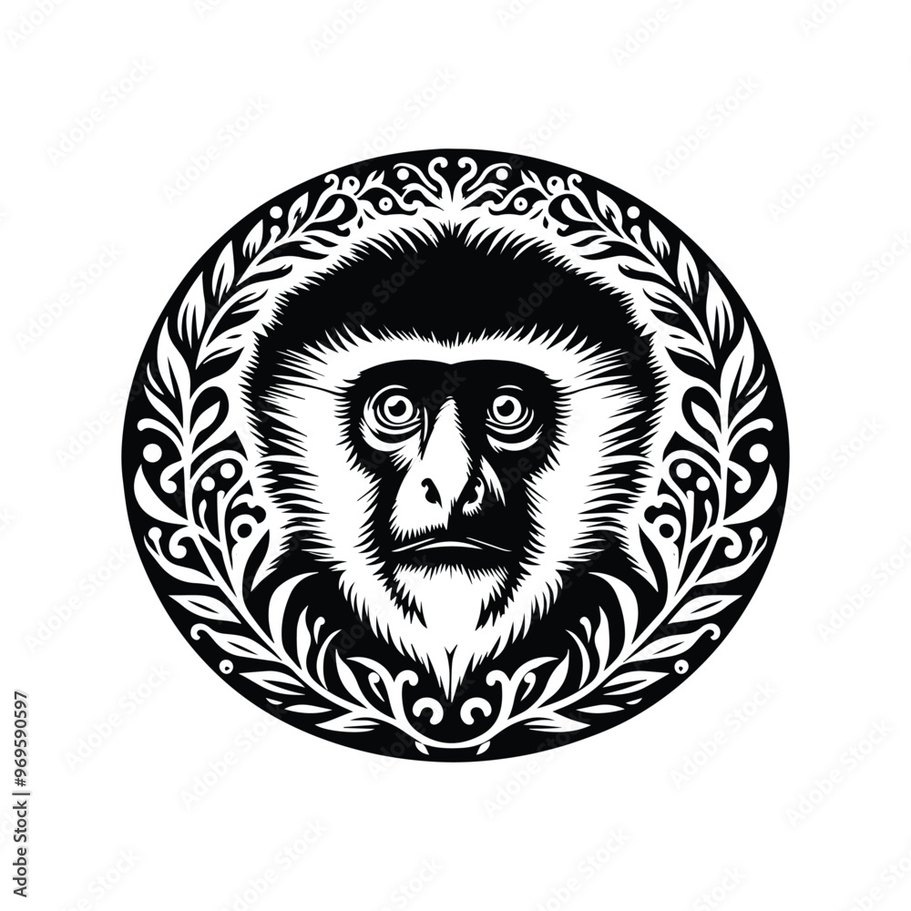 Colobus monkey in folk art black and white silhouette illustration - Colobus monkey in folk art black and white silhouette illustration -