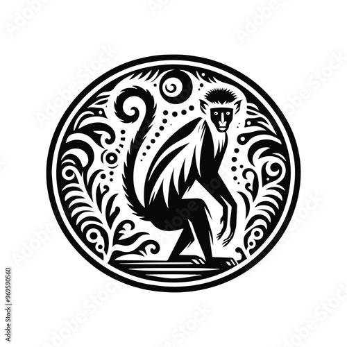 Colobus monkey in folk art black and white silhouette illustration -