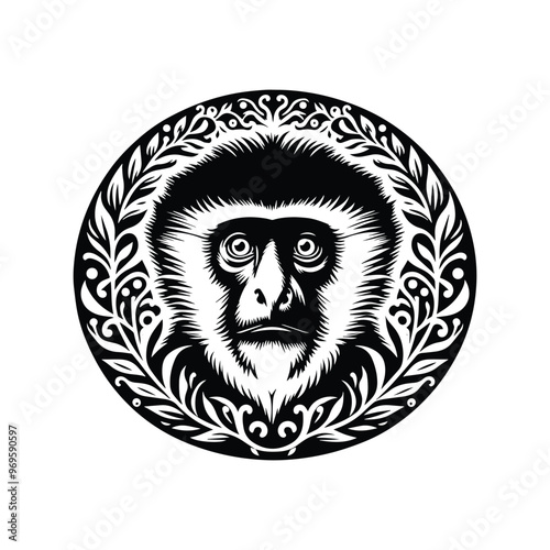 Colobus monkey in folk art black and white silhouette illustration -