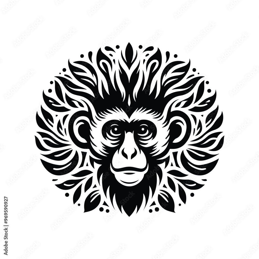 Colobus monkey in folk art black and white silhouette illustration - Colobus monkey in folk art black and white silhouette illustration -