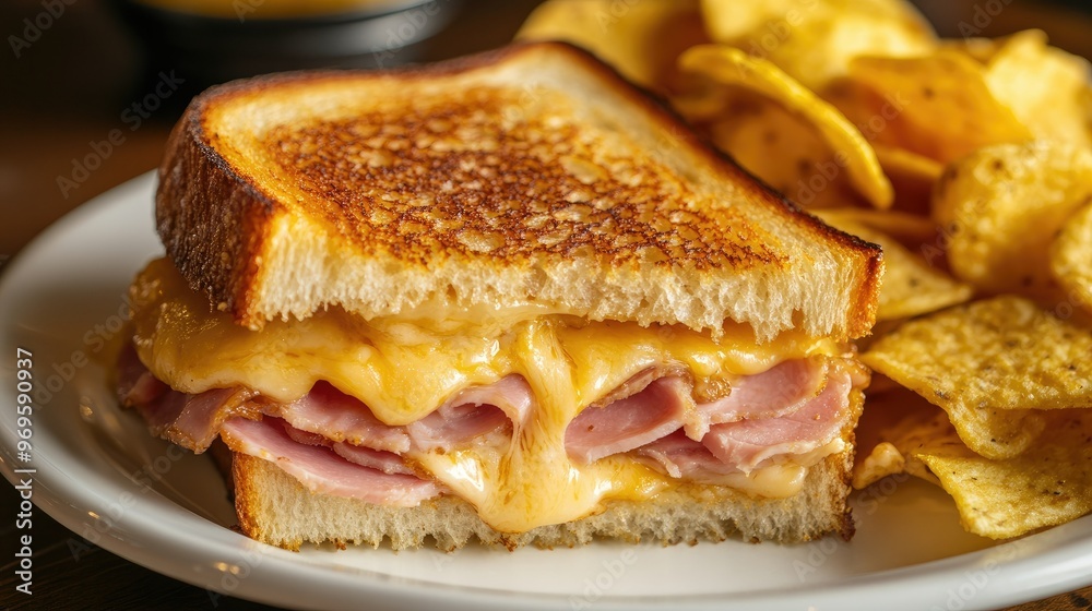 A grilled ham and cheese sandwich with crispy edges and gooey cheese, served with potato chips. A grilled ham and cheese sandwich with crispy edges and gooey cheese, served with potato chips.