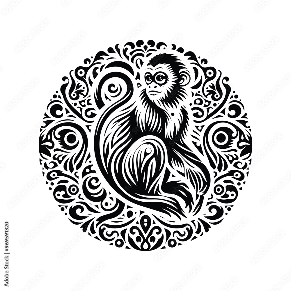 galada monkey in bohemian black and white silhouette illustration - galada monkey in bohemian black and white silhouette illustration -