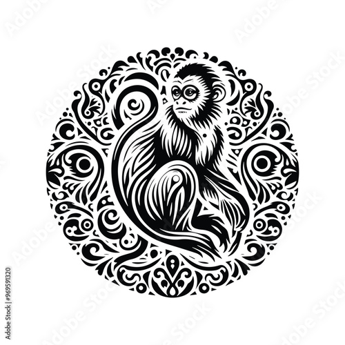 galada monkey in bohemian black and white silhouette illustration -