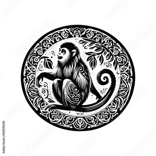 galada monkey in bohemian black and white silhouette illustration -