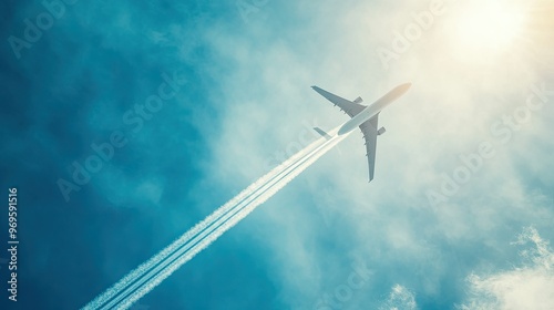 A jet plane leaving a trail of vapor as it cuts through a bright, clear sky on a sunny day. photo