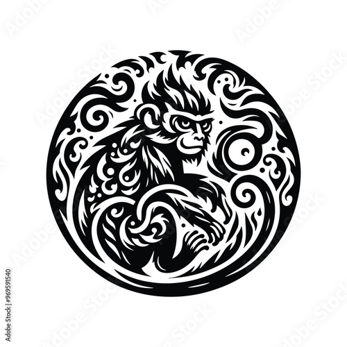galada monkey in folk art black and white silhouette illustration -