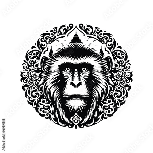 galada monkey in bohemian black and white silhouette illustration -