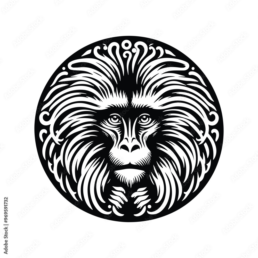 galada monkey in folk art black and white silhouette illustration -