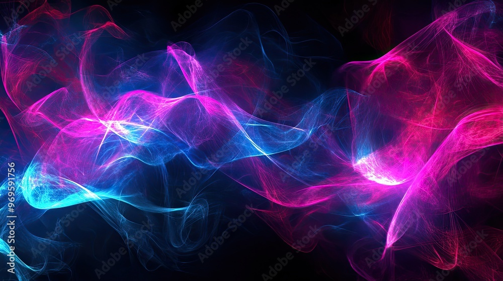 Colorful abstract waves of light in blue and pink hues against a dark background. Colorful abstract waves of light in blue and pink hues against a dark background.