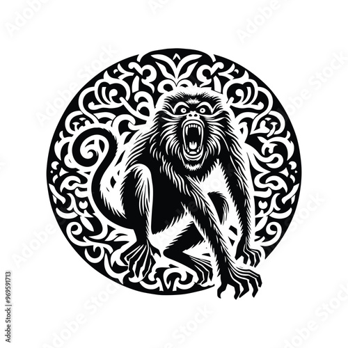galada monkey in folk art black and white silhouette illustration -