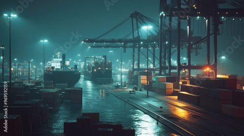 A nighttime cargo port, with cranes loading ships under floodlights, and containers stacked along the docks. photo