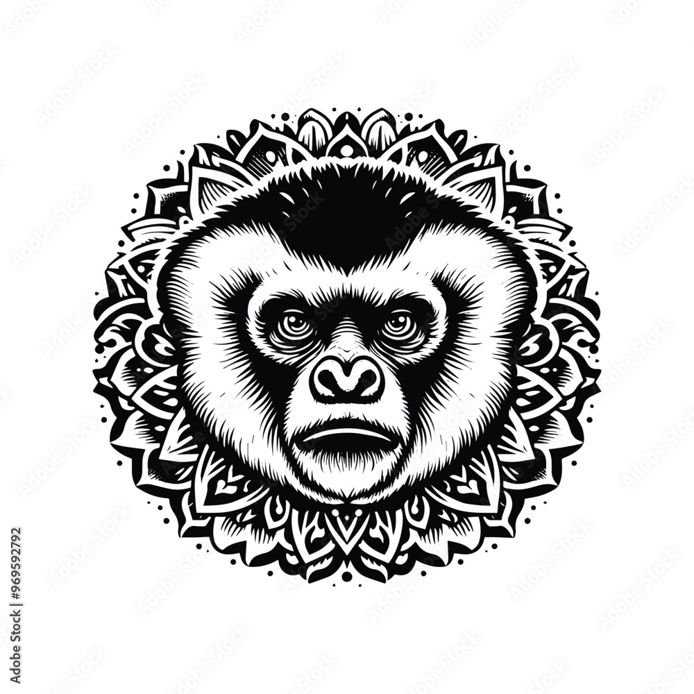 Fototapeta premium Gibbon monkey in folk art black and white silhouette illustration -