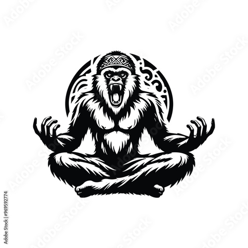 Gibbon monkey in bohemian black and white silhouette illustration -