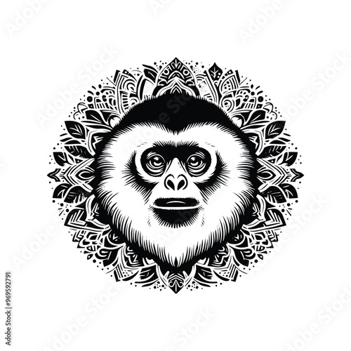 Gibbon monkey in bohemian black and white silhouette illustration -