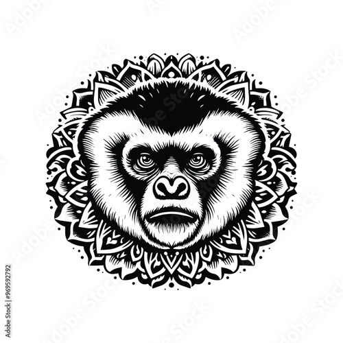 Gibbon monkey in folk art black and white silhouette illustration -