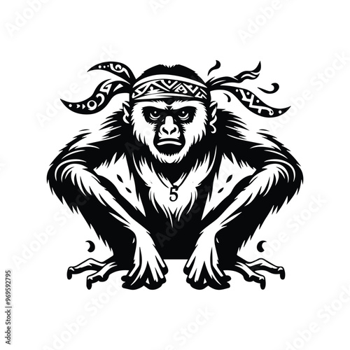 Gibbon monkey in bohemian black and white silhouette illustration -