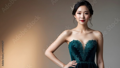 A poised woman dressed in a stunning green gown, showcasing delicate floral embroidery, exudes confidence and elegance in a sophisticated setting.
