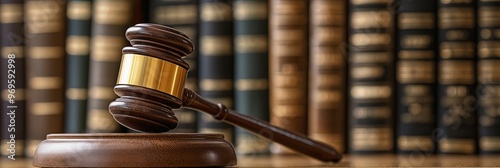 Close-up of a wooden judge's gavel placed on a surface with law books in the background, symbolizing justice and authority.