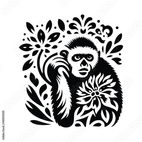 Gibbon monkey in folk art black and white silhouette illustration -
