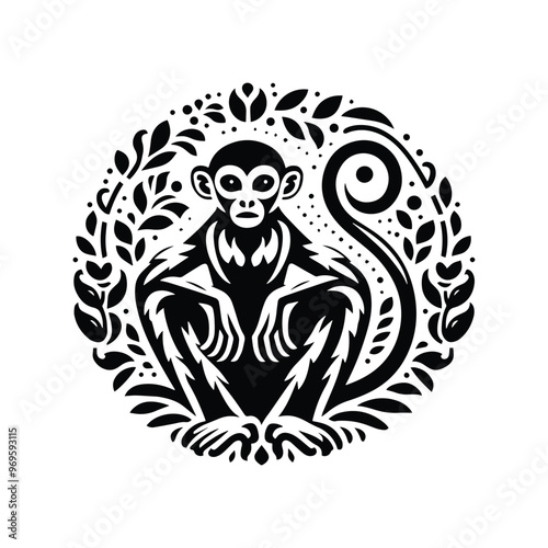 Gibbon monkey in folk art black and white silhouette illustration -