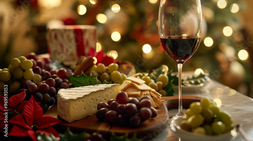 A festive table with a cheese board, grapes, and a glass of red wine. Scene is warm and inviting, perfect for a holiday gathering