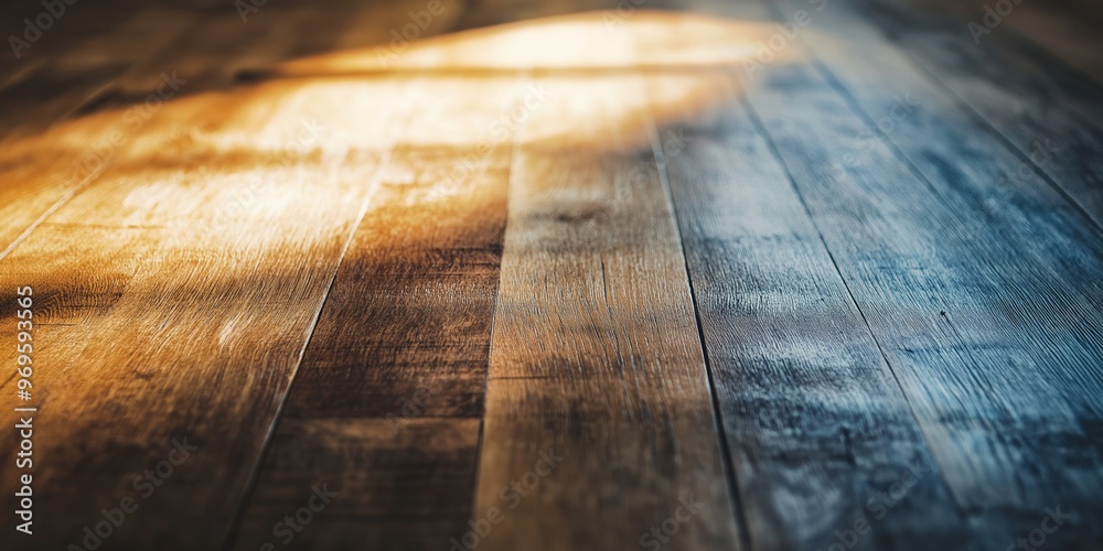 Obraz premium An artistic photograph of sunlight casting gentle shadows across a warm, textured wooden floor, creating a serene ambiance.