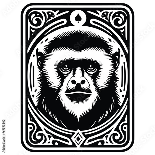 Gibbon monkey in Tarot card black and white silhouette illustration -