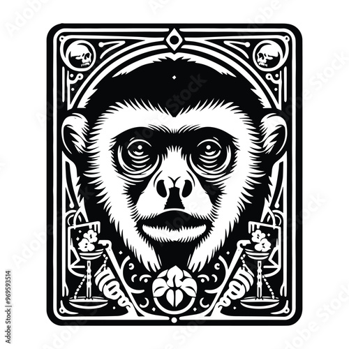 Gibbon monkey in Tarot card black and white silhouette illustration -