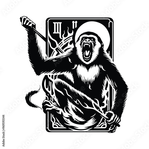 Gibbon monkey in Tarot card black and white silhouette illustration -