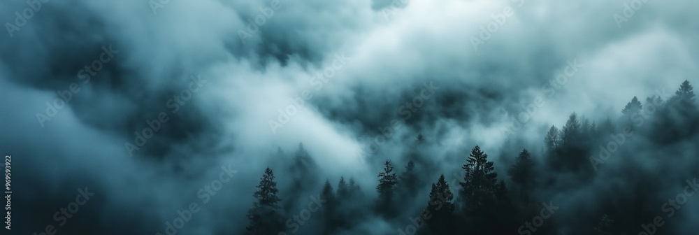 A forest landscape covered in dense fog, creating a mysterious and serene atmosphere with towering pine trees. A forest landscape covered in dense fog, creating a mysterious and serene atmosphere with towering pine trees.
