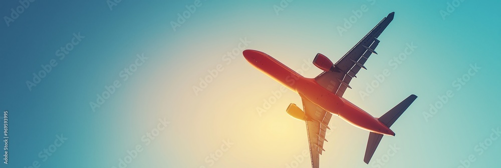 Naklejka premium An airplane soars into the sunset, with a stunning silhouette against the gradient sky, symbolizing travel and adventure.