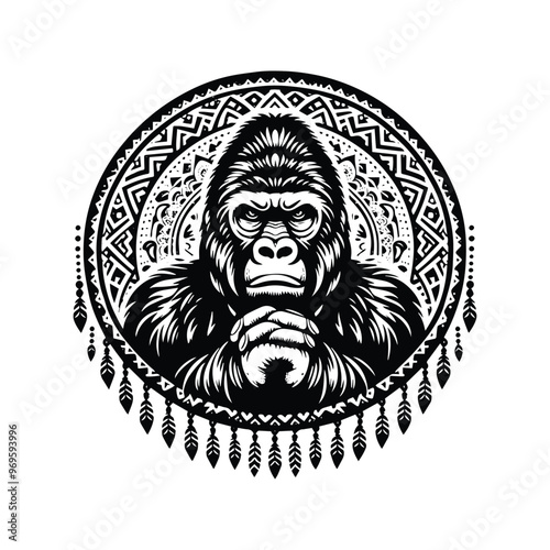 gorilla monkey in bohemian black and white silhouette illustration -