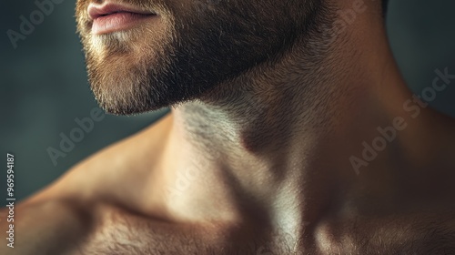 The focus is on a man's chest and neck, showcasing muscular definition and smooth skin under soft lighting, emphasizing strength and vitality