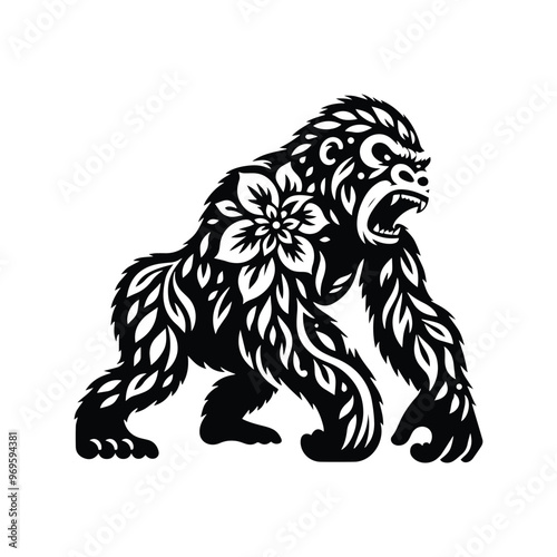 gorilla monkey in folk art black and white silhouette illustration -