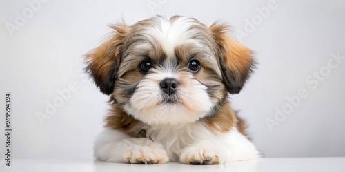 Adorable shih tzu puppy with fluffy fur looking straight at the camera, puppy, shih tzu, small dog, fluffy, cute, pet, canine