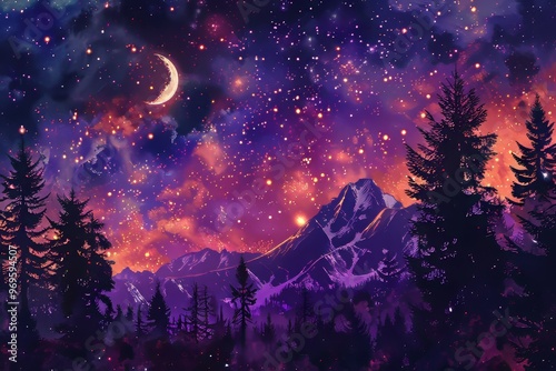 AI-generated illustration of a mountainous pine forest beneath a celestial night sky, showcasing