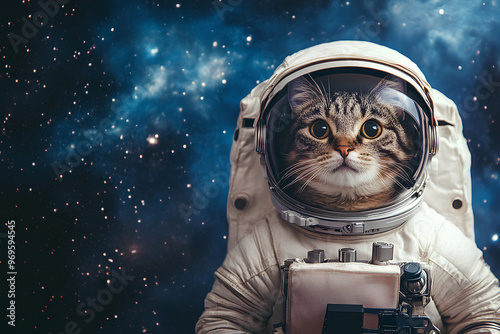 A cat in a spacesuit against a cosmic background, blending humor and science fiction.