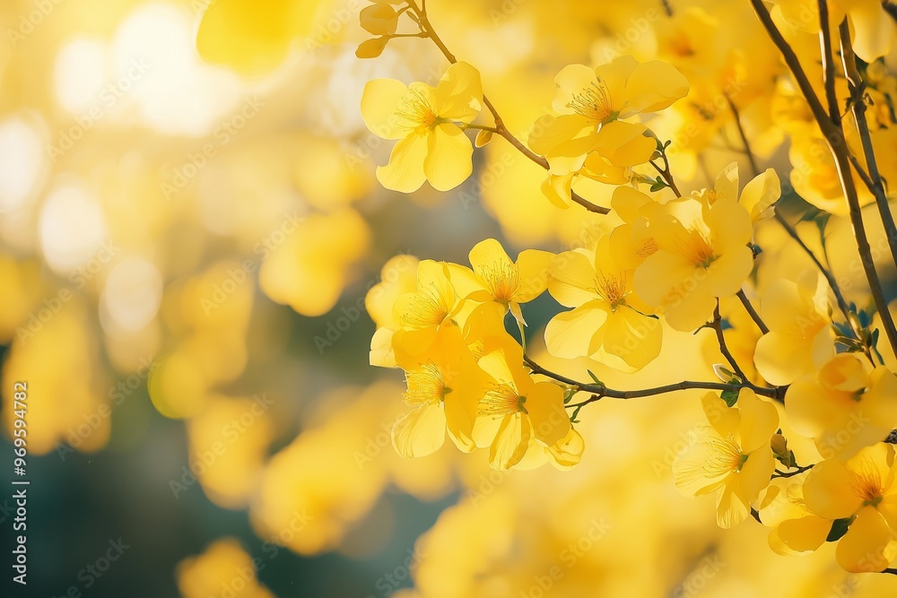 Delicate yellow blossoms adorn a branch, illuminated by soft sunlight, creating a dreamy springtime atmosphere.