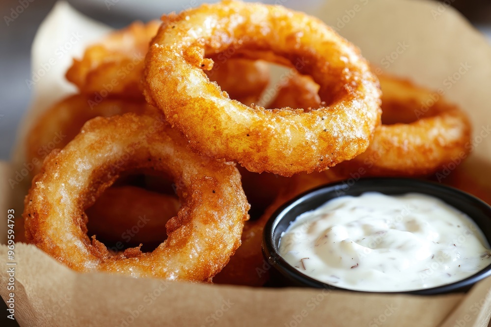 Close - up of crispy onion rings in a paper bag with a side of ranch dipping sauce