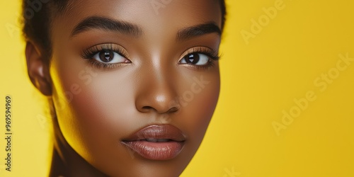 A stunning portrait of a beautiful black woman with radiant skin and neutral makeup, standing against a vibrant yellow background. photo