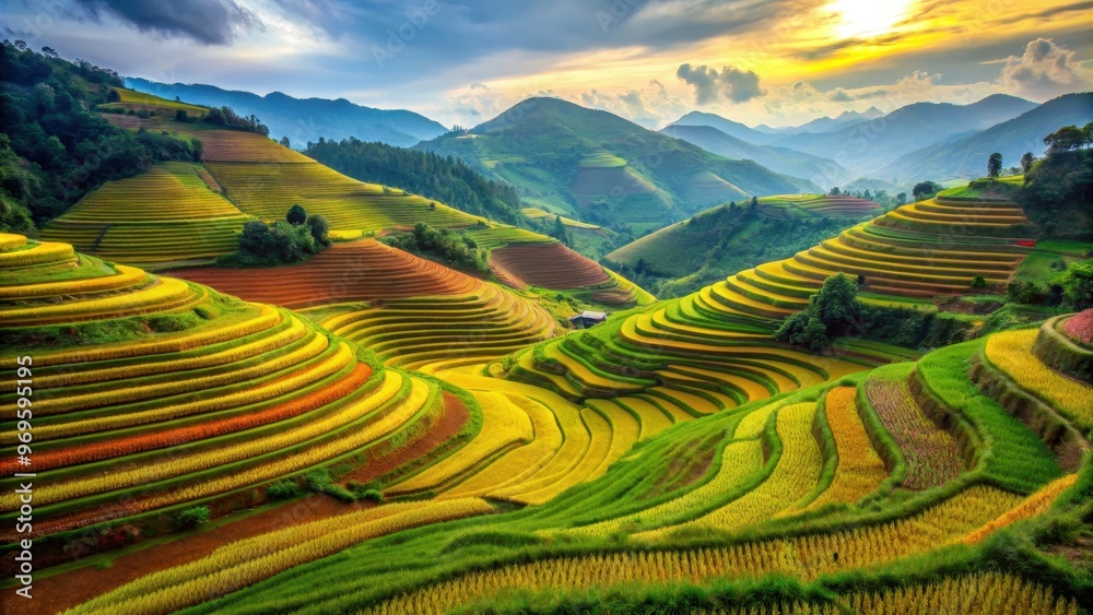 Playful and colorful terraced field landscape, Terraces, Fields, Landscape, Agriculture, Farming, Scenic, Rural Playful and colorful terraced field landscape, Terraces, Fields, Landscape, Agriculture, Farming, Scenic, Rural