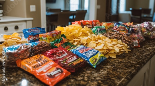 An assortment of brightly packaged candy bars and chips laid out on a kitchen counter.